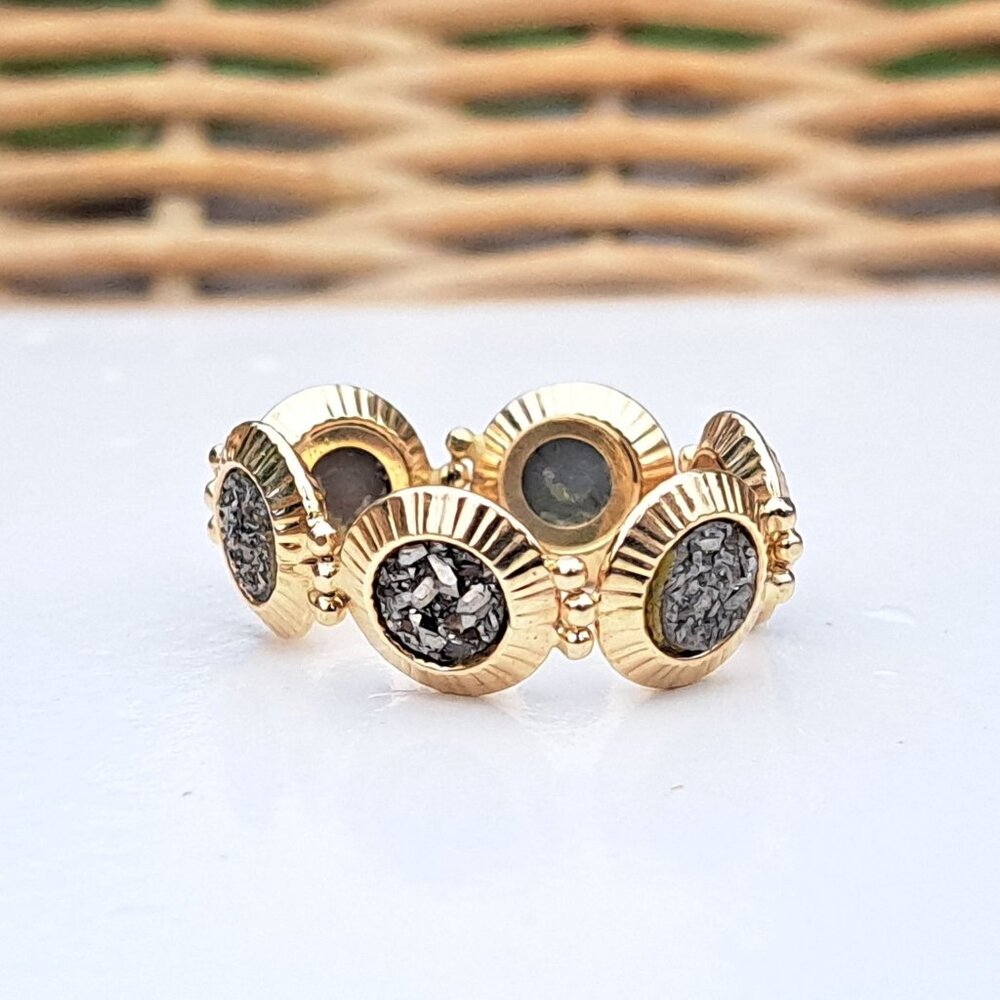 14K Yellow Gold Milor Italy Gray Druzy Medallion Link Ring - Picture 9 of 14